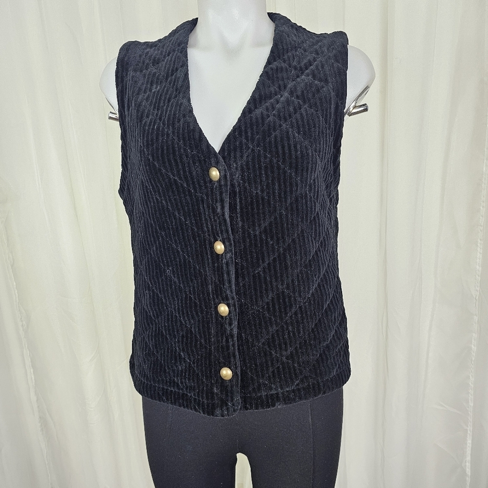 Vintage Liz Claiborne Black Quilted Corduroy Velvet Vest Bold Buttons Medium